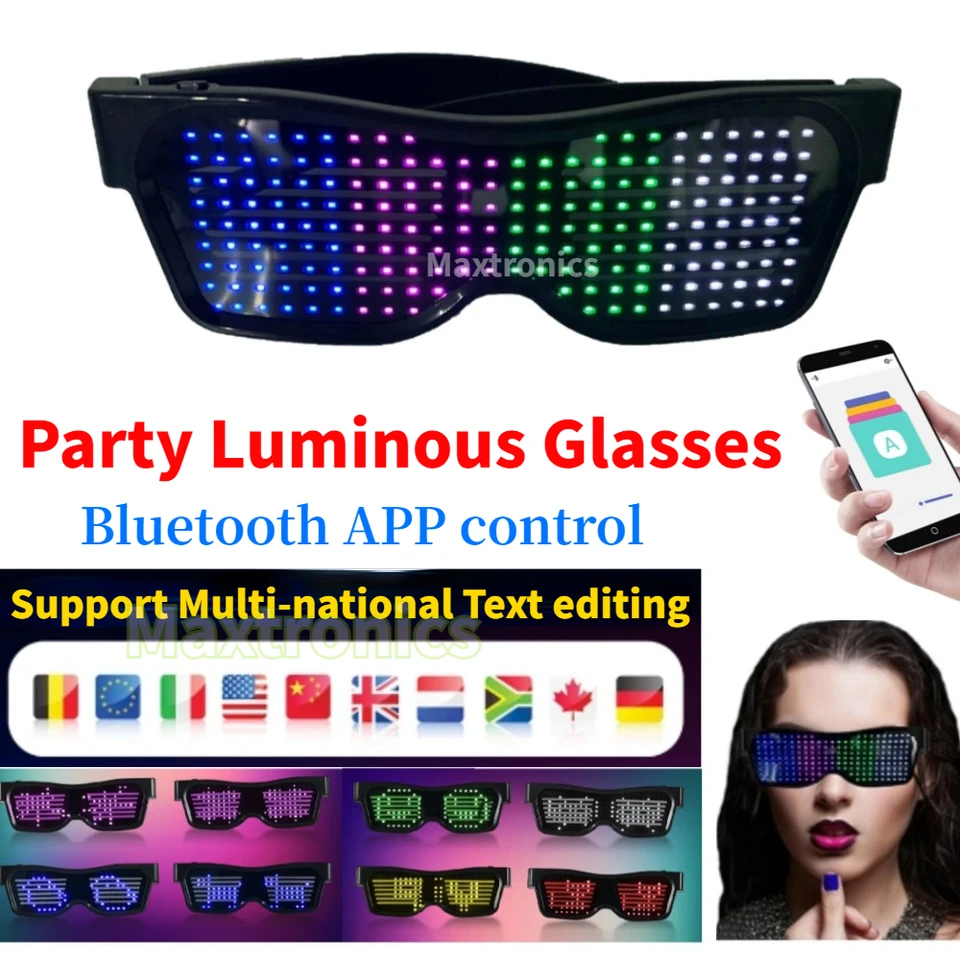Bluetooth LED okuliare DIY Viacjazyčný text Graffiti RGBW/Red/Zelená farba pre Halloween Party Rave Music Festival Glow Gulo