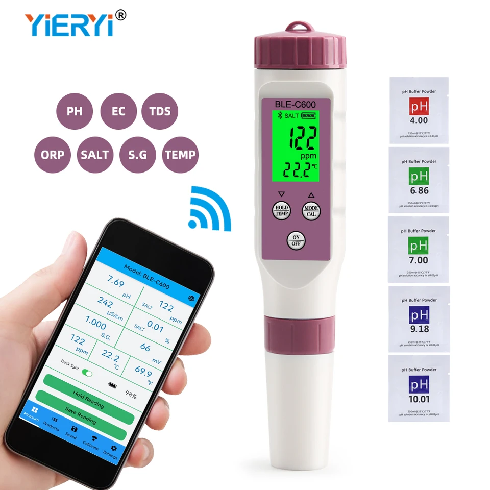 Bluetooth pH meracia voda Kvalita kyslosti Tester Temp Orp EC TDS Salita SG Online Control App Control na pitie hydroponického akvária