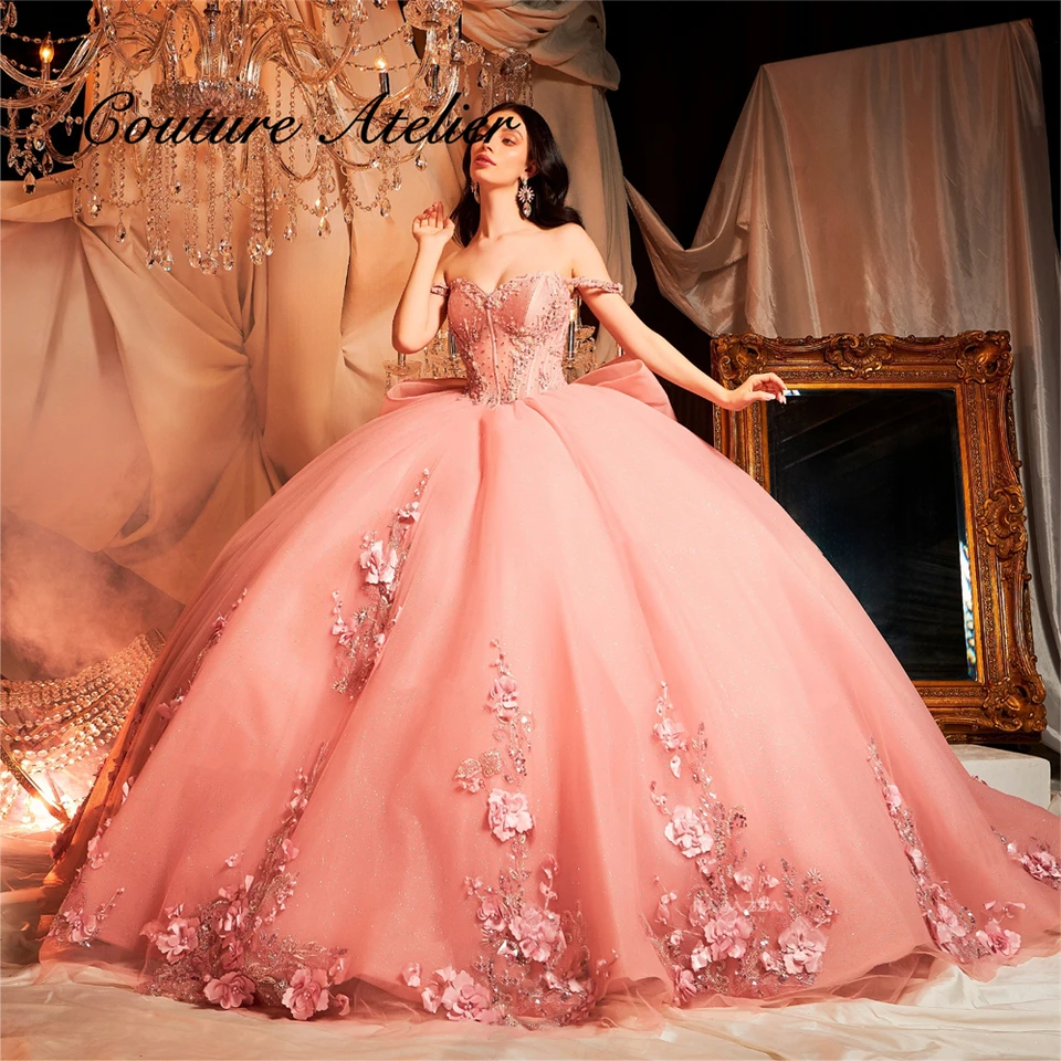 Blush Pink 3D kvety korálky z ramena 15 quinceanera guľôčkové šaty s lukmitingovými šatami formálna príležitosť šaty mexické prispôsobené