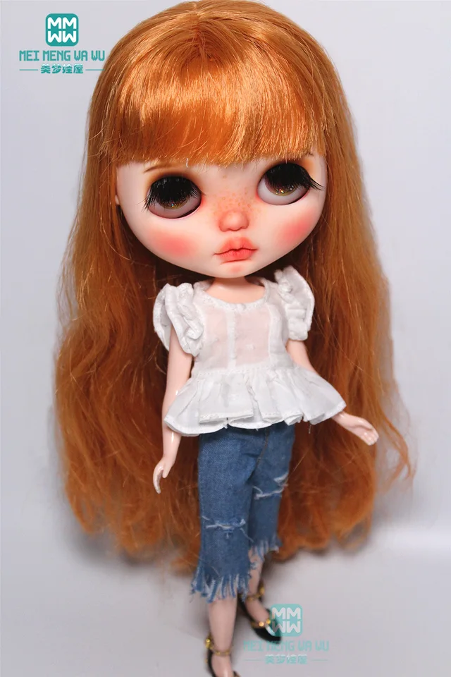 Blyth Doll Clothes Fashion White Shirt, drvené džínsy pre 28-30 cm Blyth Azone OB22 OB24 Doll Adsessory