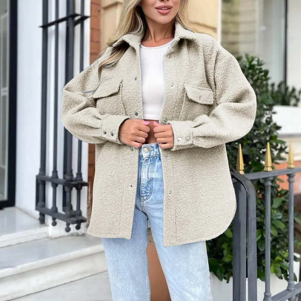 Blásec Shacket Fleece Blúzka pre ženy, otáčajte golier gombíky, ležérne bombardovacie bundy s vreckovou kanceláriou lady fuzzy coats