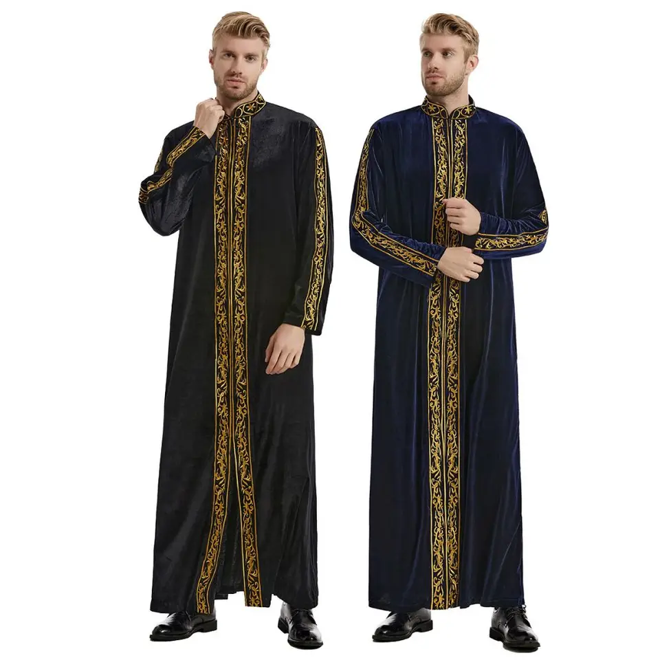 Blízky východ moslimský zlatý zamatový vyšívací výcvik pánsky rúž arabské islamské modlitebné šaty Národný kostým ušľachtilý luxusný s dlhým rukávom top s dlhým rukávom