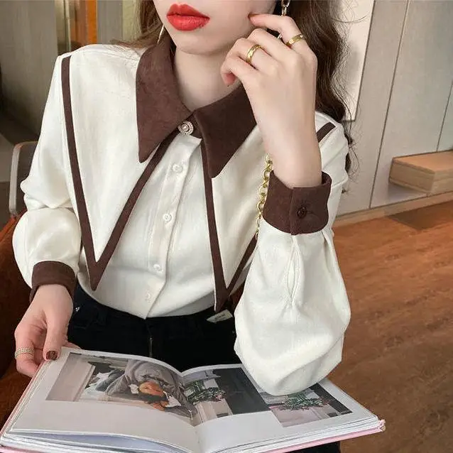 Blúzka Dámska košeľa Spring a jesenná dámska červená 2021 jarná voľná veľká špicatá golier Top Blusas Mujer de Moda