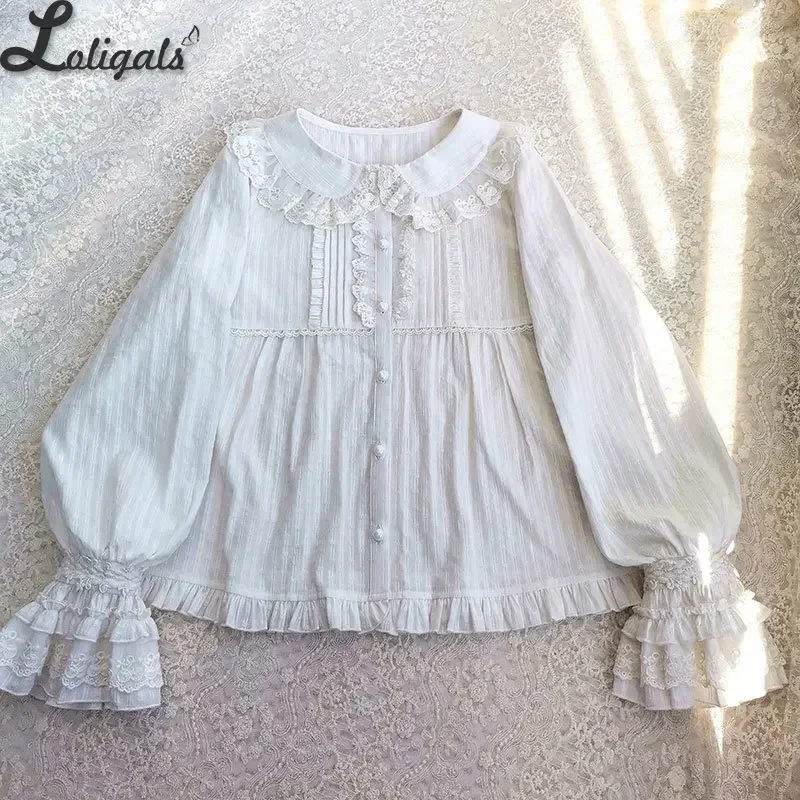 Blúzka s dlhým rukávom lolita blúzka biela bavlna top pre ženy