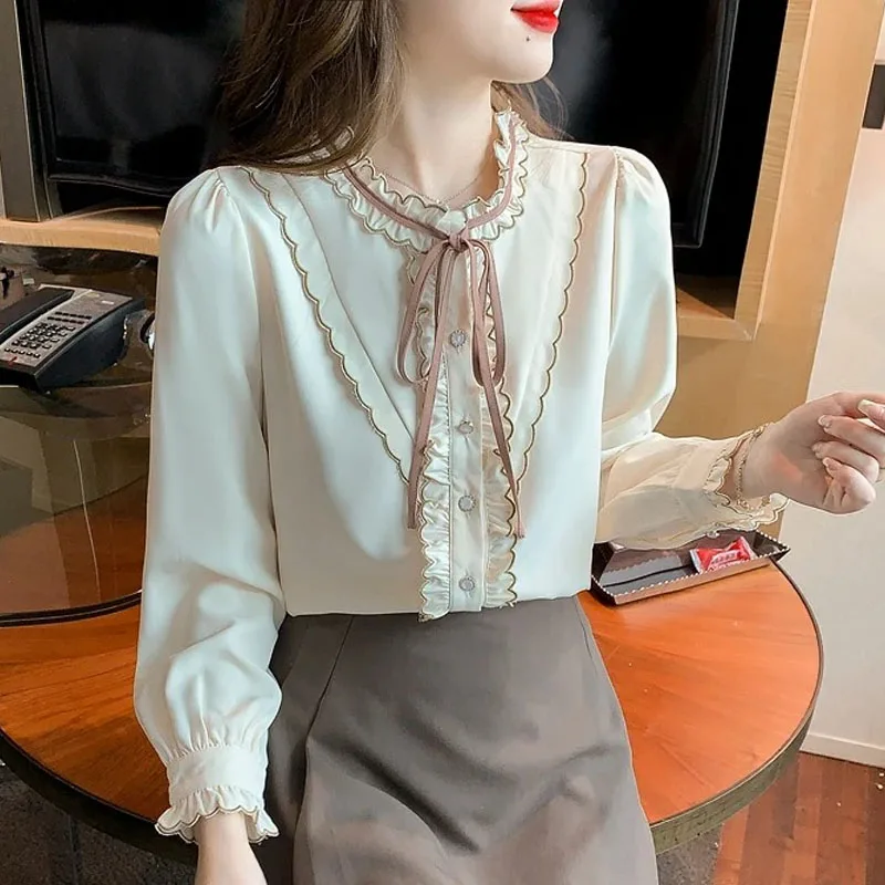 Blúzka s dlhým rukávom Ženy Bow Ruffles marhuľový šifón blúzka Tops Tops Women Blusas Mujer de Moda 2024 Blouses tričká Blusa F507