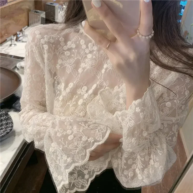 Blúzka Ženy čipky košeľa dámska čipka na čipku jesenná a zimná malá košeľa Blusas ropa de Mujer