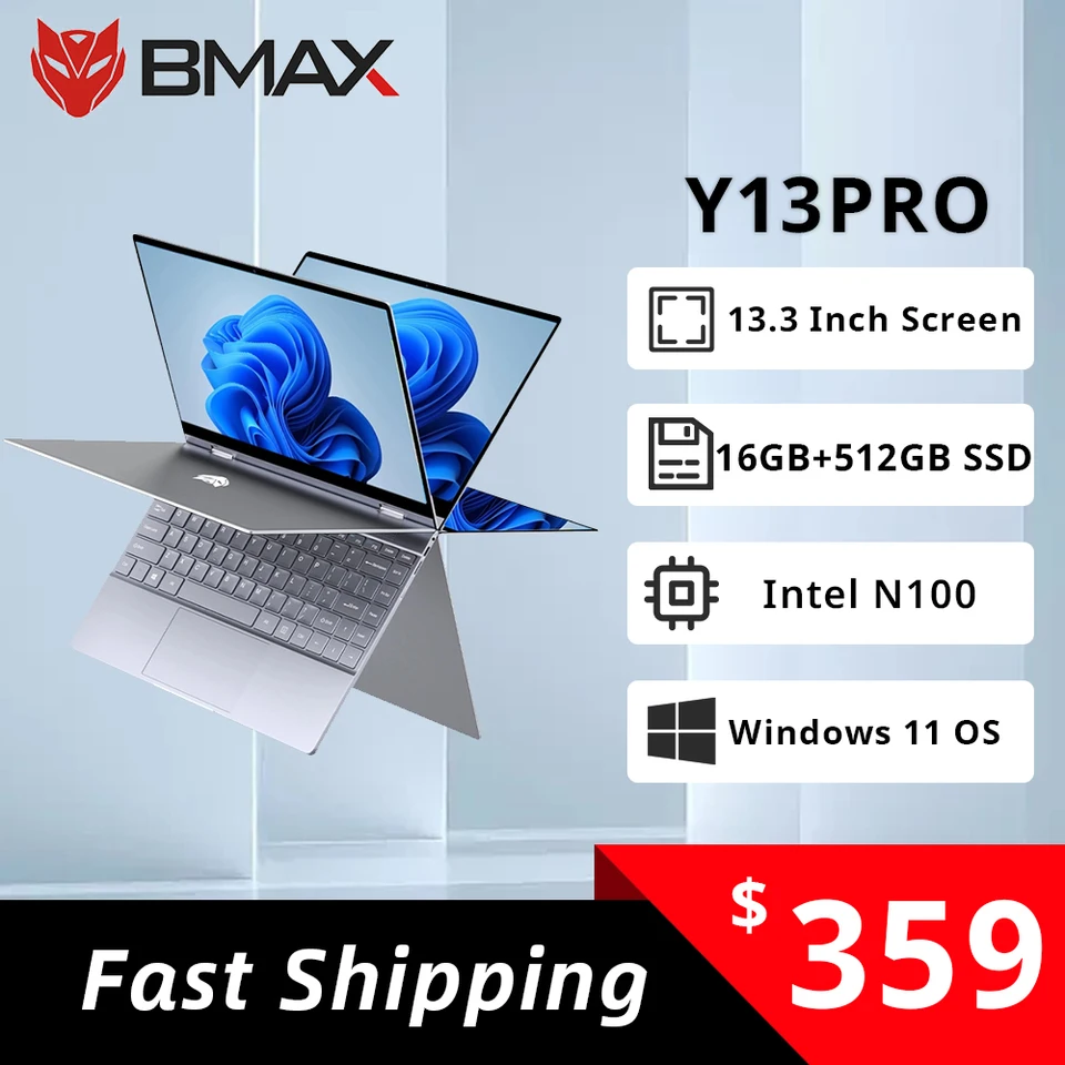 BMAX Y13PRO 360 ° notebook 13,3 palca Notebook Windows 11 16 GB RAM LPDDR5 512 GB SSD 1920*1080 IPS Intel N100 Computer