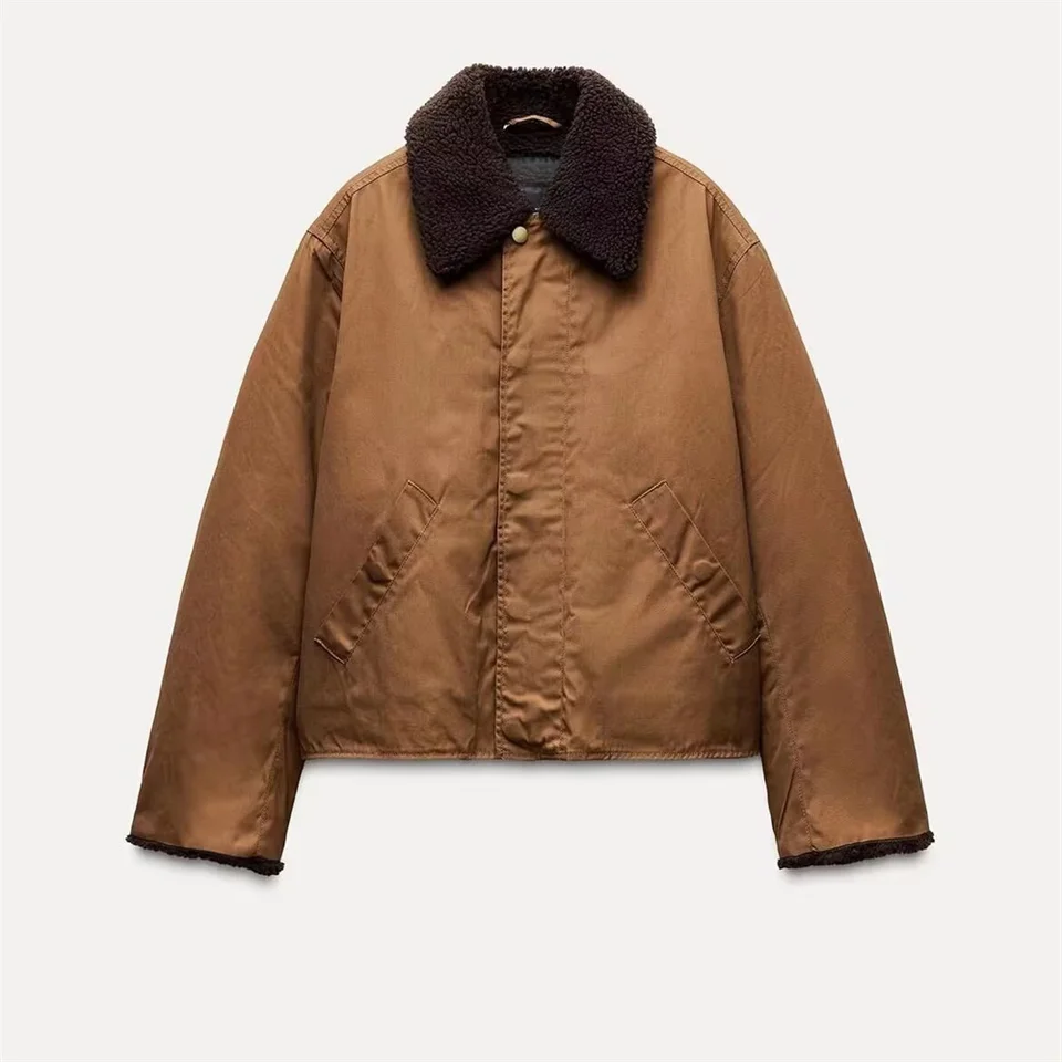 Bmurhmza Jeseň/zima Nový produkt Dámsky módny kontrast golieru Flip golier s dlhým rukávom Cast Bunda Coat