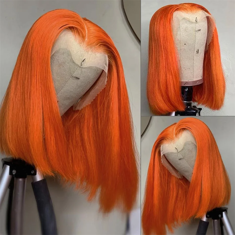 Bob Wig Human Hair 13x4 čelná čipka parochňa Ginger Lace predné parochne ľudské vlasy vopred vytrhnuté krátke oranžové zafarbené 350# priehľadná parochňa