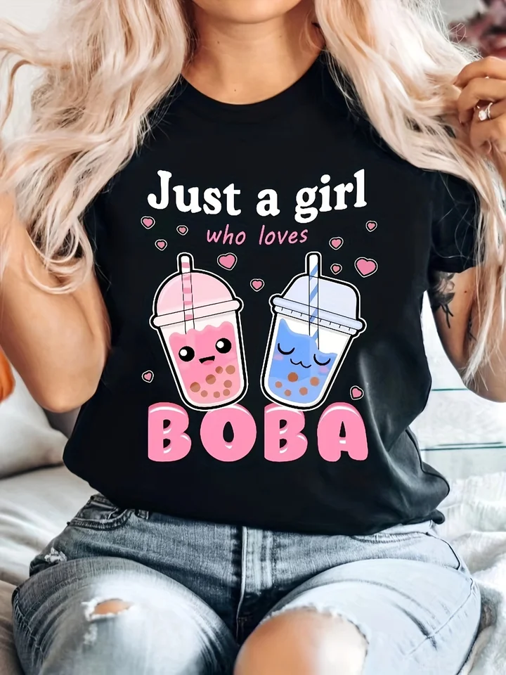 Boba Tea Letter Tlač neformálne tričko, okrúhle krk krátke rukávy Smarte Stretch Tee, dámske aktívne oblečenie