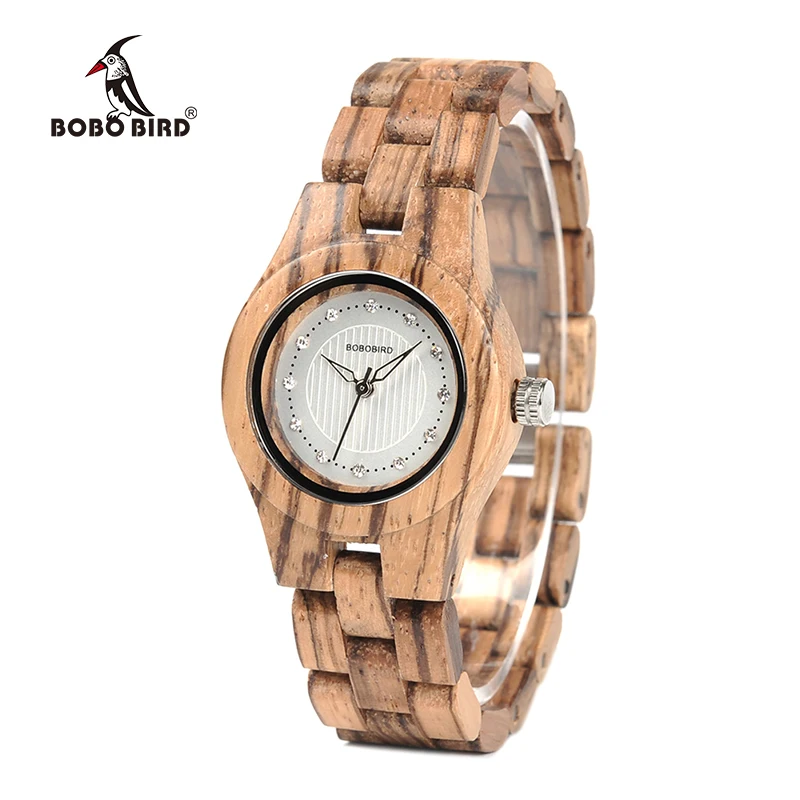 Bobo Bird Watch Ženy bambus zebra drevené drahokamy napodobňujú luxusné značky Quartz hodinky v dreve Box XFCS Relogio Feminino W-O29