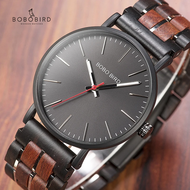 Bobo Bird Wood Watches Mens 2020 Nový módny Quartz Zápätské hodinky Prispôsobiť drevený darček West Watch Box Hodiny Muž Relogio Masculino