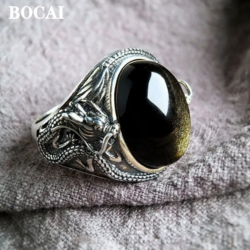 BOCAI Nový originálny dizajn Sterling Silver S925 Vintage Dragon Vykladaný prírodný zlatý erupný kameň Pánske prsteň módne šperky