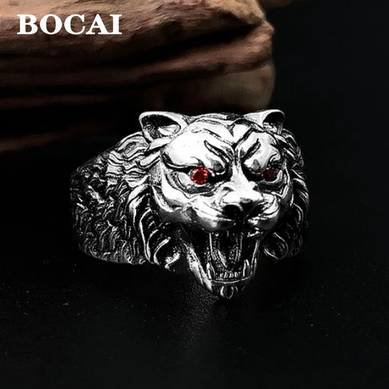 Bocai nový Solid S925 Pure Silver Jewelry Retro Thai Silver Pánsky prsteň Otvorená móda trojrozmerná tigrová hlava Strieborný prsteň