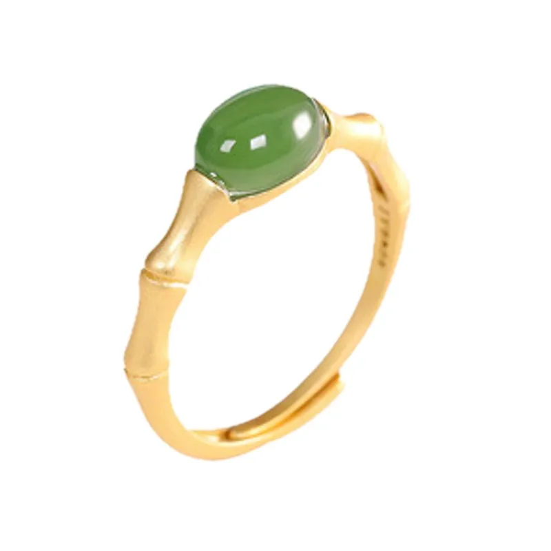 Bocai Real S925 Silver Gold-Plated Natural Hettian Jade Jasper Bambus Ring for Woman Fashion a Simple Dámsky otvorený prsteň