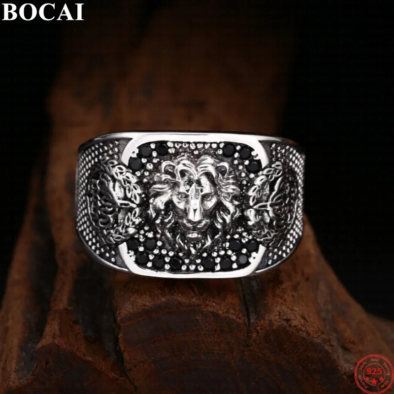 Bocai S925 Sterling Silver Charms Rings Pre mužov retro levový vzor vykladacích mikro zirkon