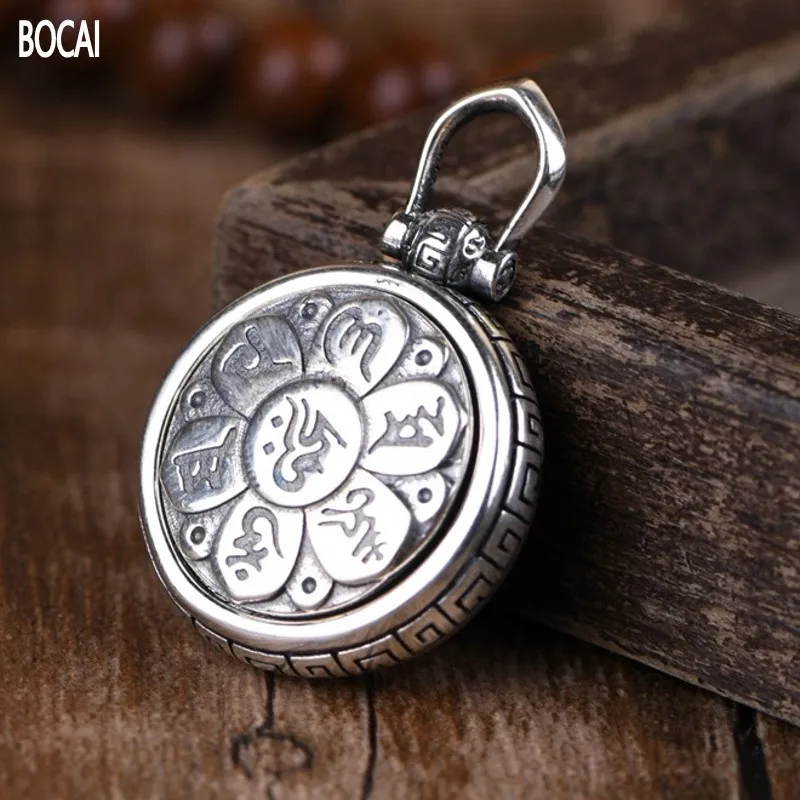 Bocai Veľkoobchod Nový skutočný S925 Silver šesť-znakových mantra prívesku pre muža retro etnický štýl otáčania vzoru veľa šťastia šperky