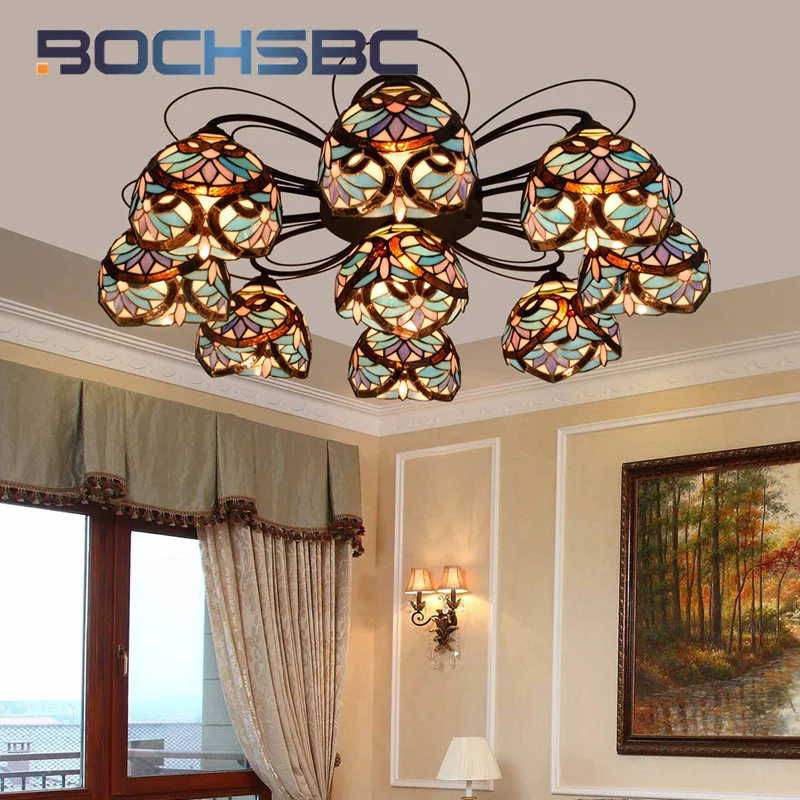Bochsbc Tiffany Glass Multi-Head Svetlo Svetlo Deco Deco Obývacia izba prívesok Light Restaurant Bar barokový štýl