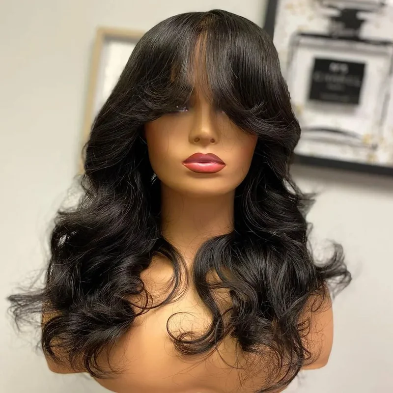 Body Wave Fringe Parochňa dlhé ľudské vlasové parochne s treskami brazílsky plnohodnotný stroj vyrobený parochňou s brazílskymi panenskými vlasmi