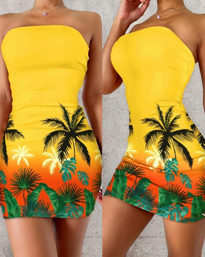 Bodycon Dress Women 2024 Šaty letné ramienok bez ramena celé rameno bez rukávov Ombre tropické bandeau Skinny Mini šaty
