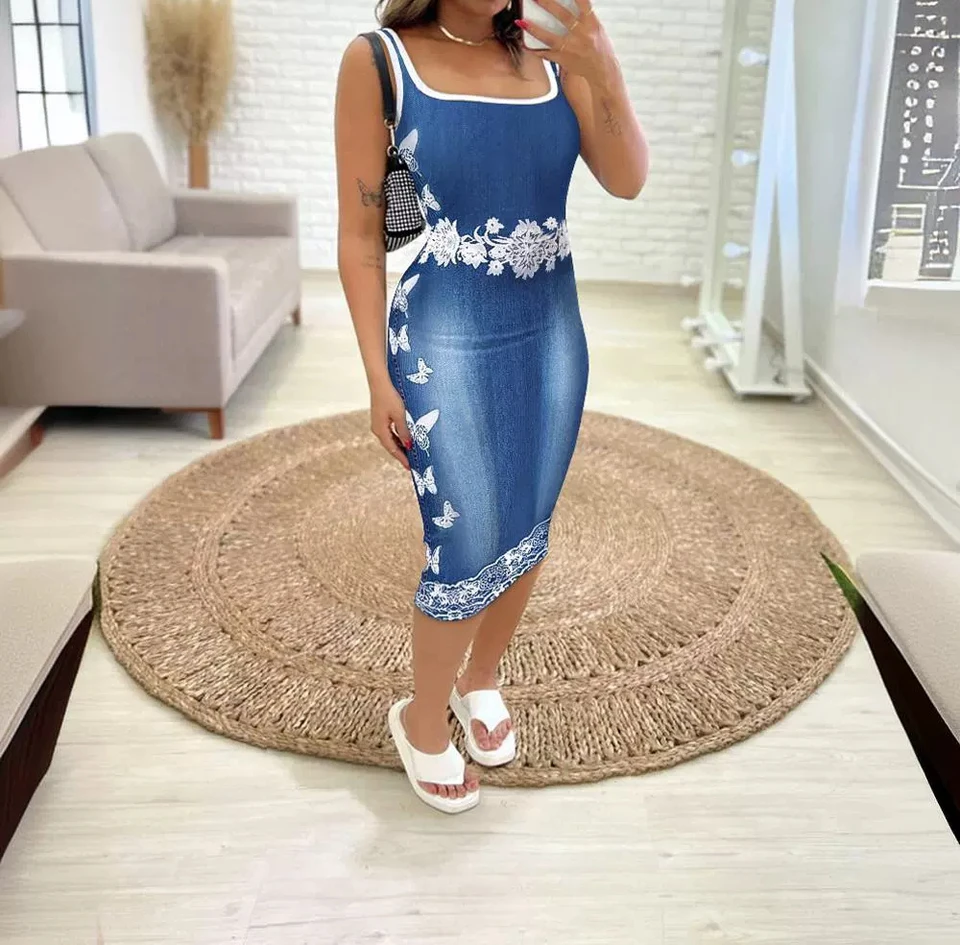 Bodycon šaty pre ženy streetwear kvetinové motýľ denim vzhľad