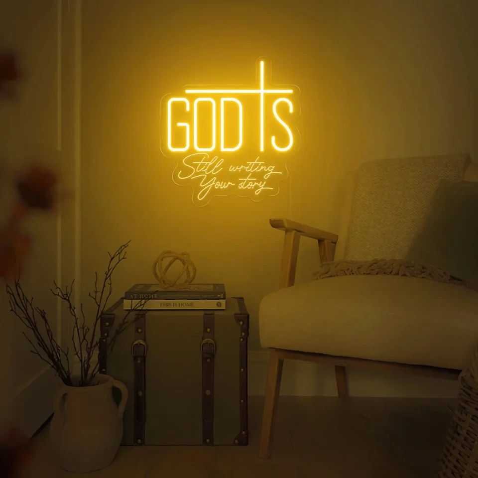 Boh stále píše váš príbeh neónové znamenie, priekopnícke dekorácie, boho kresťanský Ježiš Biblia citát kostol Žalm Wall Decor Sign