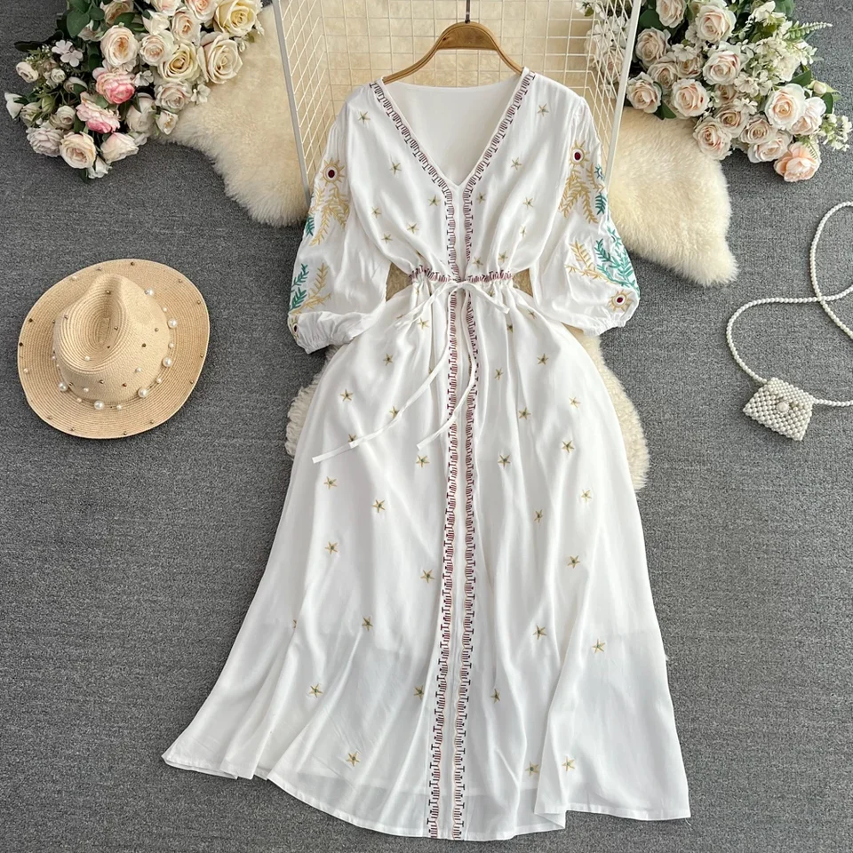 Bohemian Vestido Žena V-krk kvetinové výšivky letné šaty etnický štýl A-line dovolenka pláž Vestidos vintage dropshipping