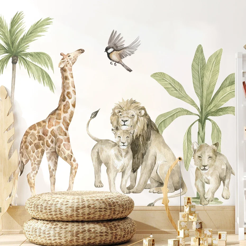 Boho akvarel veľký africký lev žiraf divokých zvierat Tropické stromové nástenné nálepky škôlky nástenné obtisky Detské chlapci izba domov dekor
