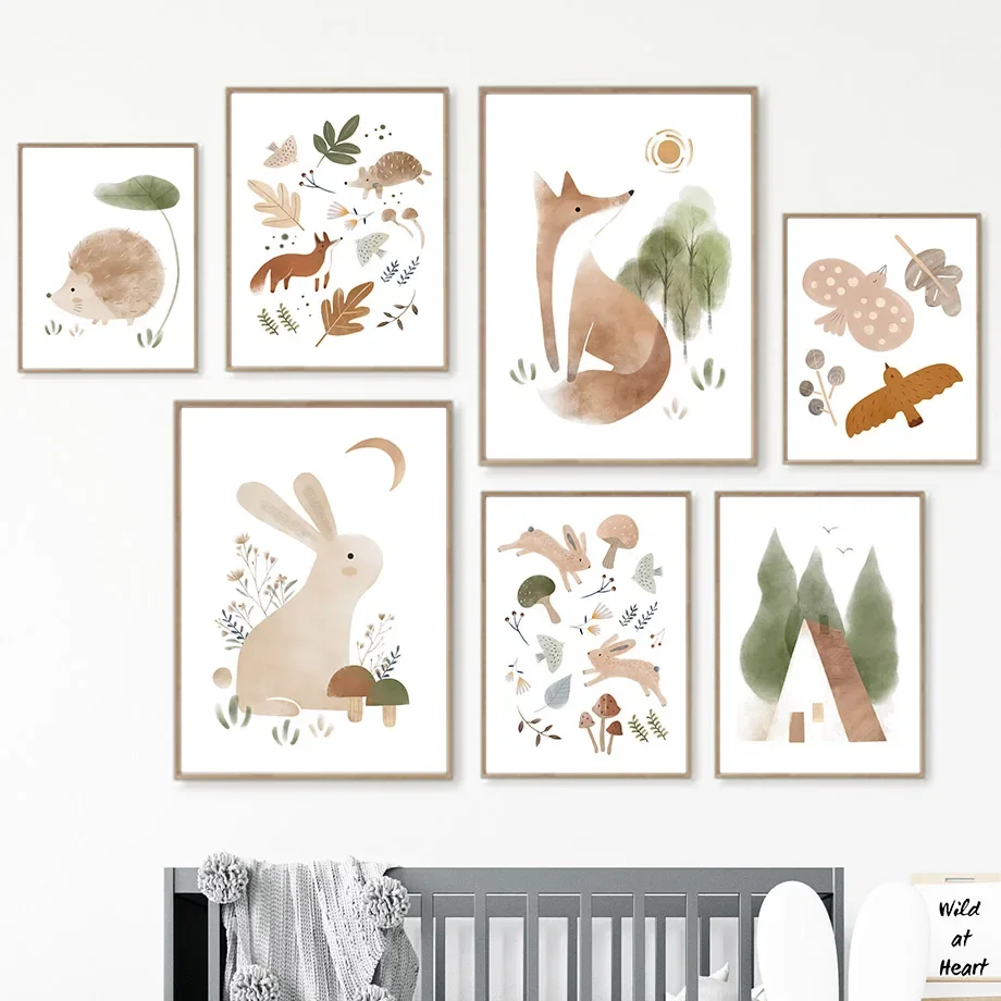 Boho králika líška Fox Hedgehog Bird Sun Nordic Cartoon Plagáty Obrázky Detská izba dekora