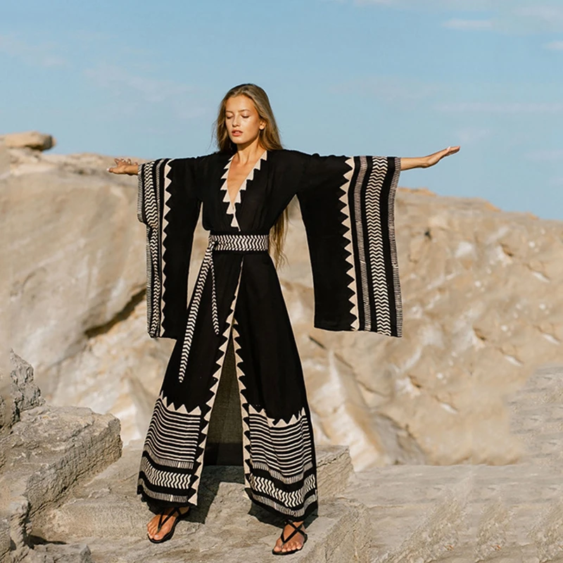 Boho luxe čierny kimono geometrický tlač elegantné kabáty púštne bohyňa elegantné etnické tečúce bunda preháňané rukávy abaya kardigany