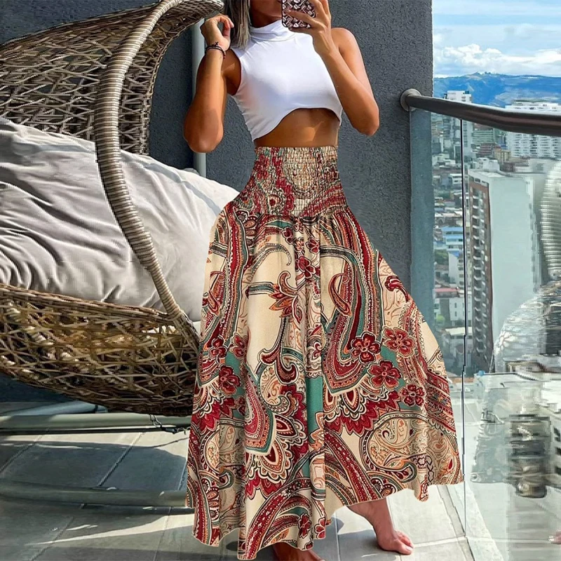 Boho plážová sukňa Vintage tlačená dlhá sukňa 2024 Ženy Jarné leto Nové elastické sukne s vysokým pásom A-line Veľké lemové dovolenkové sukne