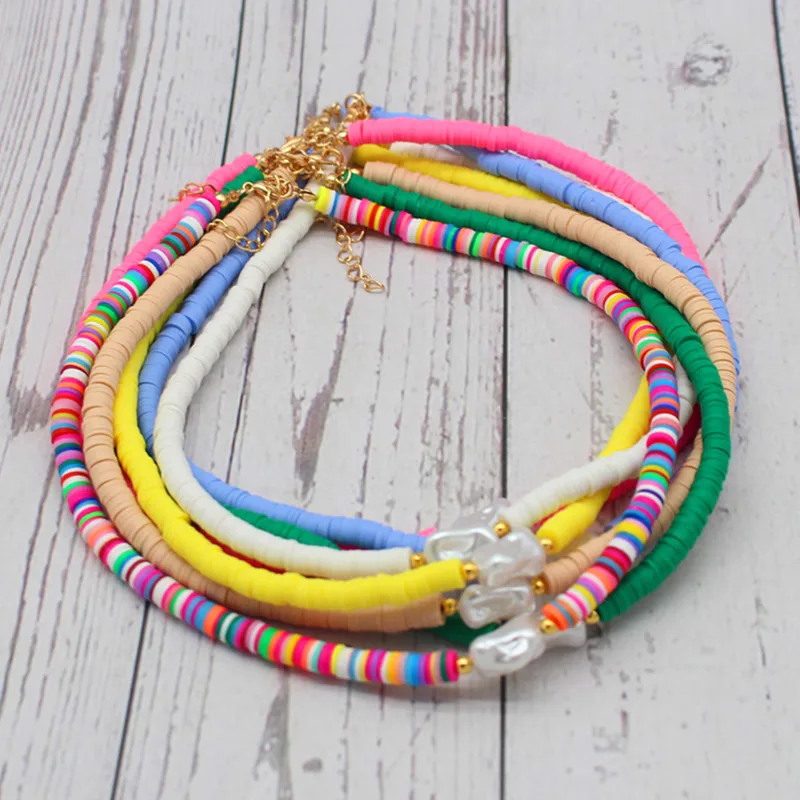 Boho prírodná sladká voda Barokový nepravidelný perlový náhrdelník Farba mäkkých polymérových hlinených korálikov Choker náhrdelník pláž Femme šperky darček