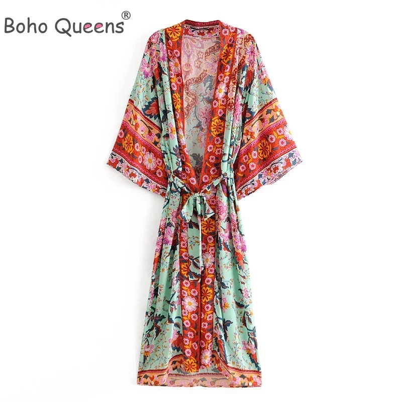 Boho Queens Ženy Peacock Print Bat Ruckve Beach Čechian kimono rúž dámsky v krku Tassel letné happie bikiny pokrývky