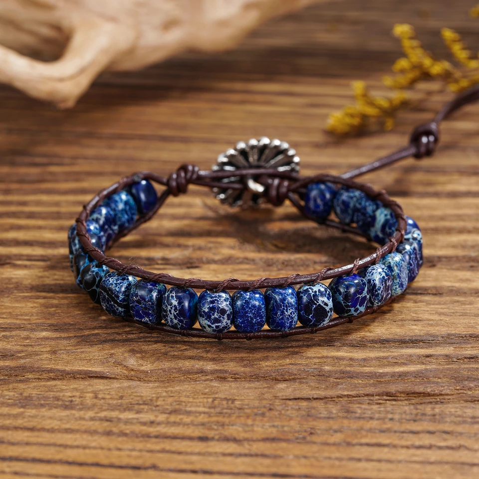 Boho ručne vyrobený lapis modrý imperial jasper kamenný korálkový obal náramky pre ženy muži prírodné korálky náramok náramok