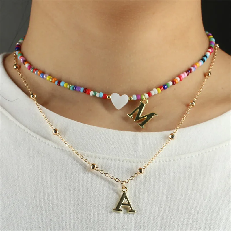 Boho ručne vyrábaný kutilský farebný korálkový korálkový choker Ženy z nehrdzavejúcej ocele Prívesok Náhrdelník shell srdiečko plážové šperky doplnky