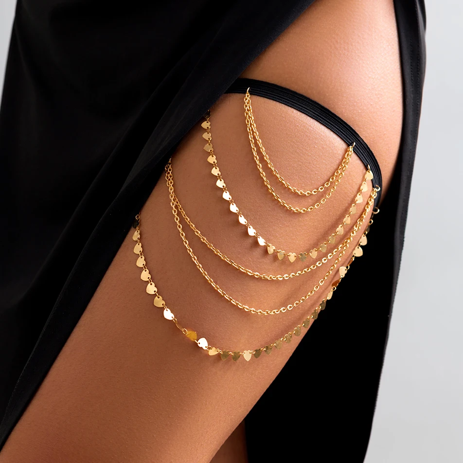 Boho sexy elastická kapela bandážové stehenné reťaz pre ženy bikiny letné srdce Tassel prívesok Multivrstvový podväzkový pásový pás