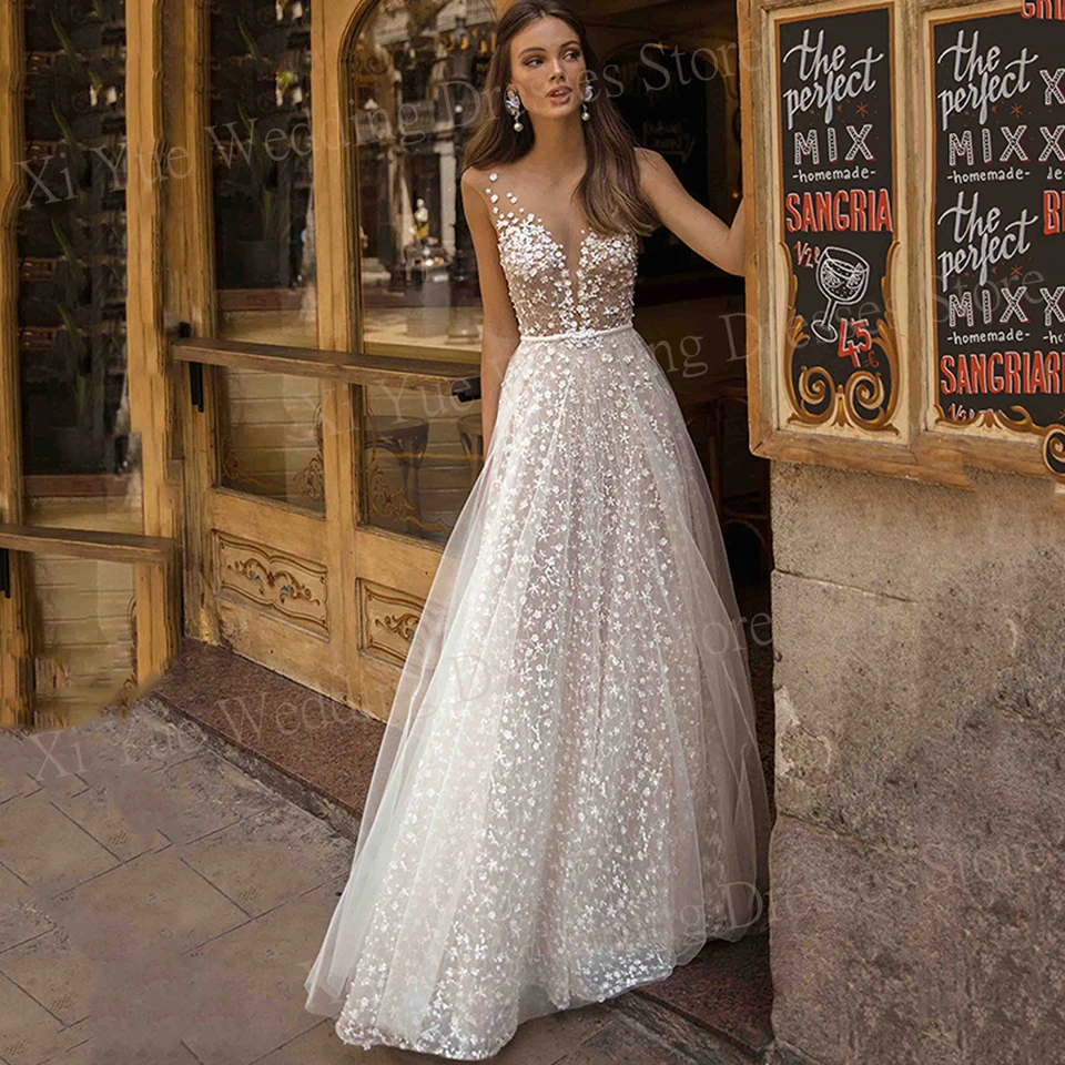 Boho sexy hlboké v krku svadobné šaty A-Line Lace Bride Gowns Sweet Train bez rukávov bez rukávov Prispôsobené Vestidos de novias 2025
