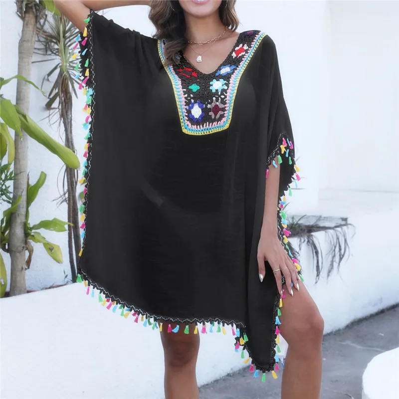Boho Tassel Beachwear pre ženy letná luxusná pláž zakryte 2024 Trend Čierne pletené plážové oblečenie biele okrajové slnečné šaty na mori
