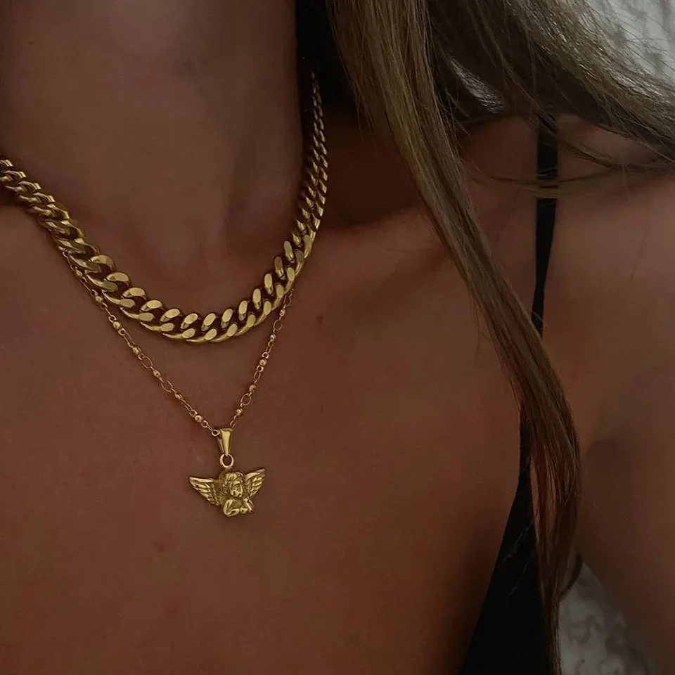 Boho viacvrstvový geometrický hrubý reťazec anjelský prívesok Náhrdelník pre ženy móda móda vintage zlatá doska punk choker šperky gif