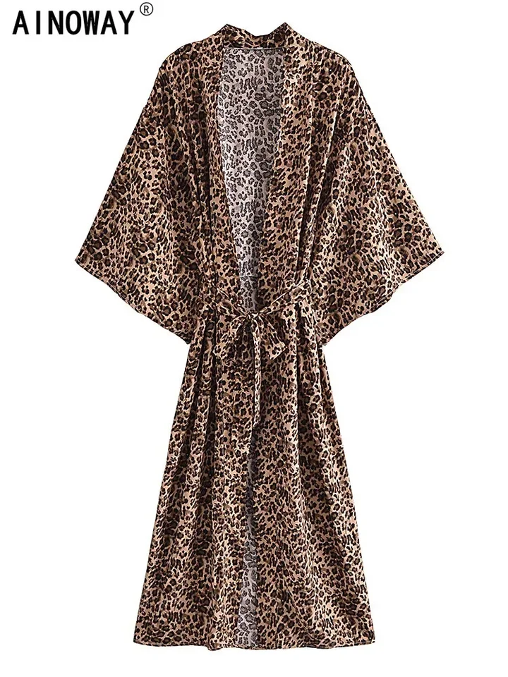 Boho vintage leopard tlače sashes kimono šaty Ženy Bohemian v krk batwing rukávy Rayon Cotton Bikini Cover-up plášť