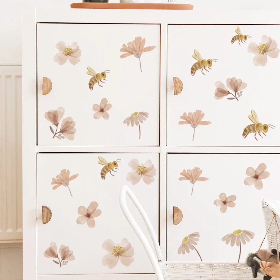 Boho včelové kvetina akvarely na stenu nálepky detská materská materka vinylová stena Art Decal Popol a palica detská detská izba Domáca dekorácia
