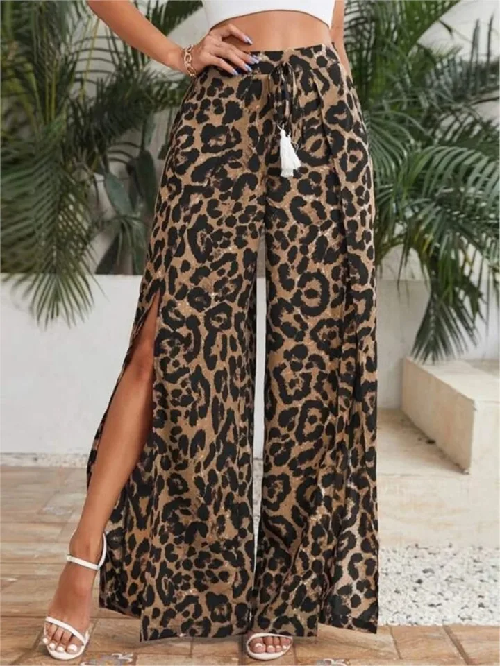 Boho široké nohavice nohavice Ženy Culottes kvetinové vintage strana rozdelené voľné sukne nohavice český vysoký pás šnurované nohavice