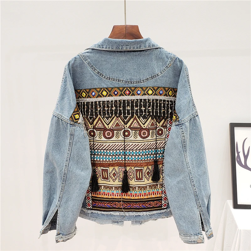 Boho štýl vyšívací džínsový džínsový kabát dám