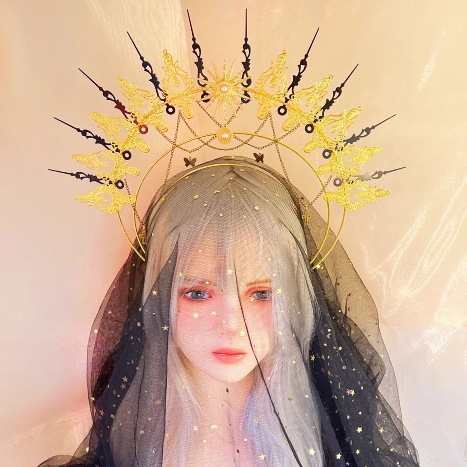 Bohyňa Halo Tiara Golden Crown Svadobná čelenka Kostol Kostol Photo Studio Photo Tiara oblečenie čelenka