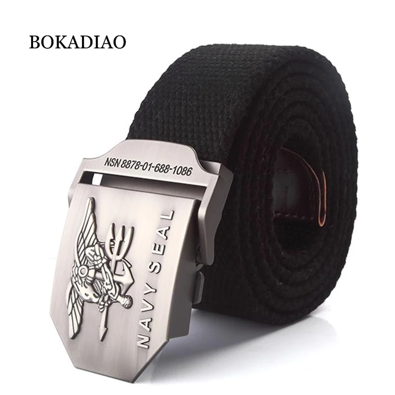 Bokadiao Muži a ženy Vojenské plátno Belt Vintage námorná pečať kovová pracka Luxusné džínsy pásové pásové taktické pásy pre mužov