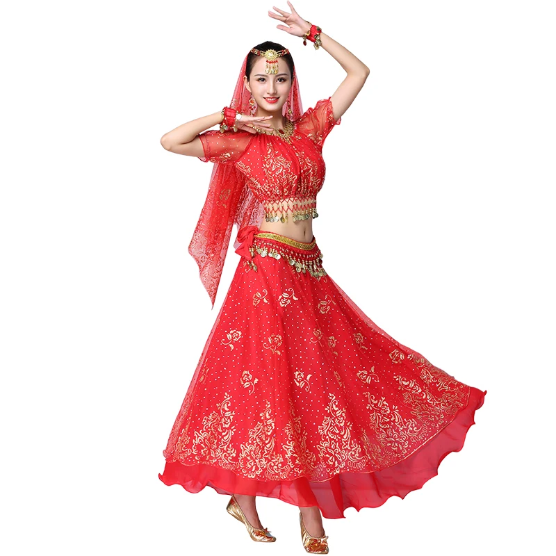 Bollywood Belly Dance Boy Set Indian Dance Sari Bellydance Suck Suit Ženy Chiffon 5ks (Sukňa s vrchným pásom VYBADLA SKURA)