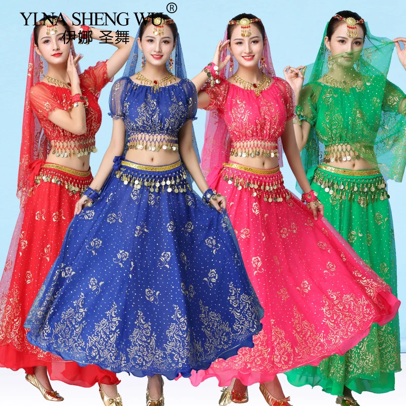 Bollywood Belly Dance Costume Set Indian Dance Belly Dance Performance Outfit Shifon Sari Suit Ženy Indický tanečný kostým set