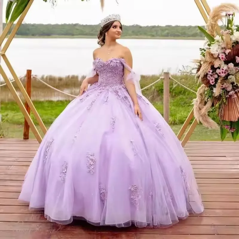 Bomaris levanduľa Quinceanera šaty Vestidos de 15 Anos Ball Gown Sexy off-racheps