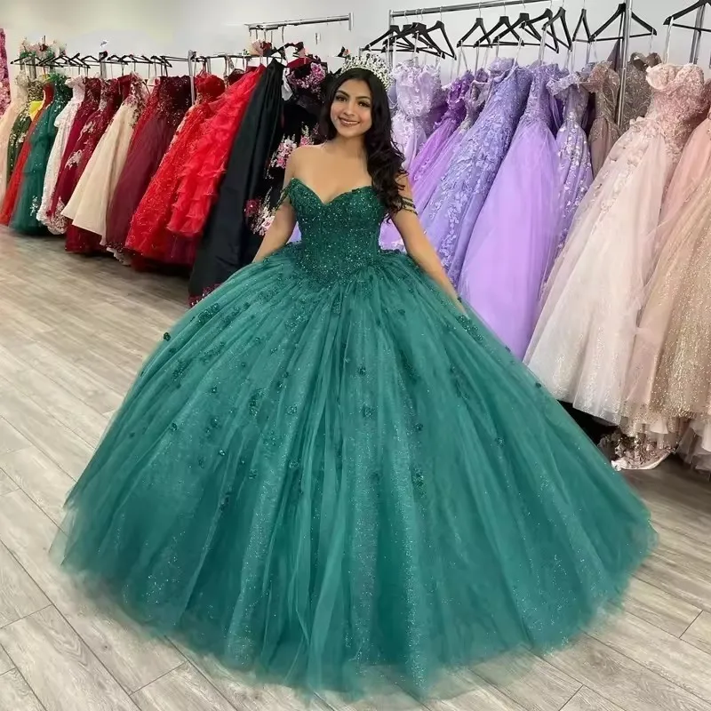 Bomaris trblietavé zelené guľôčky šaty quinceanera šaty princezná Vestidos de 15 anos mimo ramenného narodeninového oslavy prispôsobené