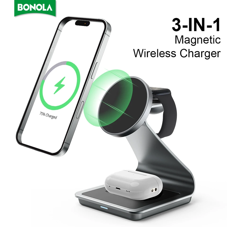 Bonola Metal 3 v 1 Magnetic Nabíjačku pre iPhone 16/15 Pro/14/13/Apple Watch Magnetic Wireless Station pre AirPods